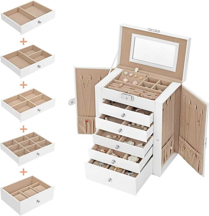 Cutie de bijuterii Songmics, 6 nivele, 5 sertare, alb