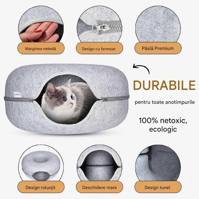 Pat tunel pentru pisici forma rotunda pentru joaca si somn 50x20 cm