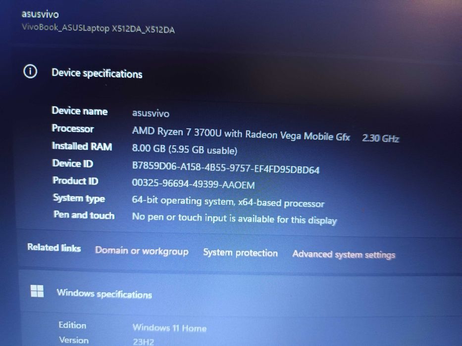 Laptop AsusVivo AMD RYZEN7 3700U VEGA MOBILE GFX 2.30 Ghz