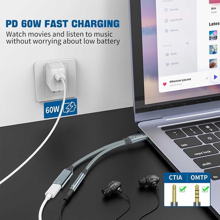 Преходник DAC USB C към 3,5 мм Aux жак за слушалки и адаптер за зарядно USB C 60W бързо зареждане