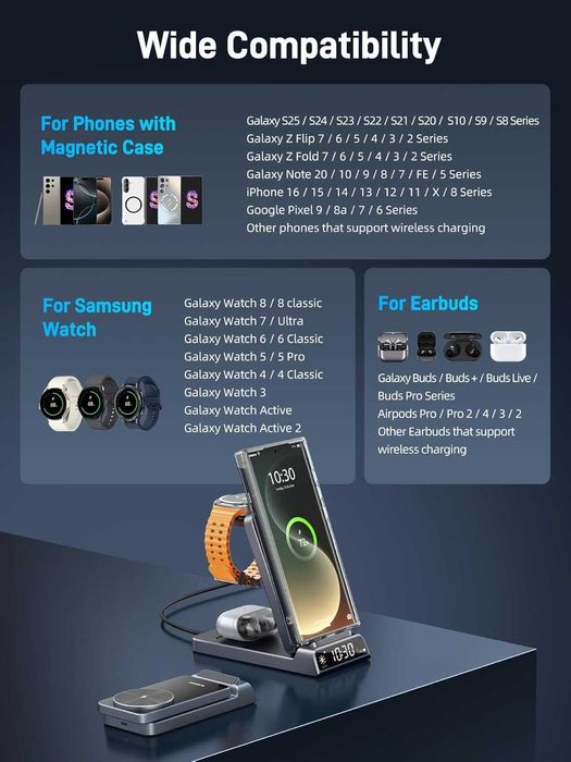 Магнитно безжично зарядно за Samsung, 3 в 1 Mag Safe