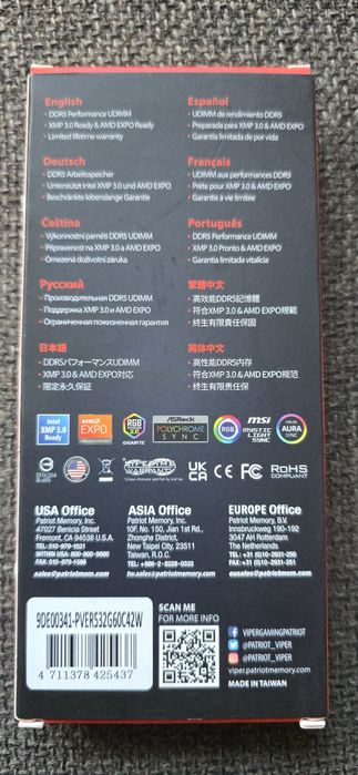 Ram Patriot Viper Ddr5 32Gb 6000 RGB Fusion Aura Sync intel amd ready