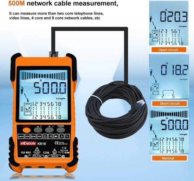 Tester Cablu Retea POE RJ45 cu Multimetru Digital LCD Masurare Lungime 600m Scanare Anti-Interfete 3 ID Pairing Test Voltaj Curent Temperatura Lan