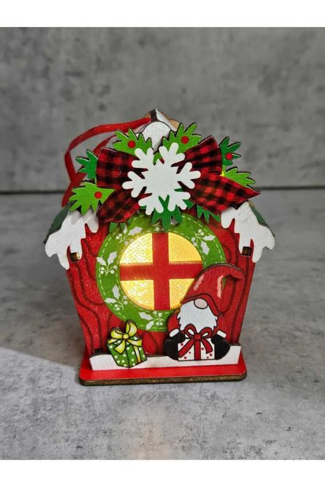 Casuta Decorativa Craciun cu Gnom, Iluminare LED, Lemn, 9 cm