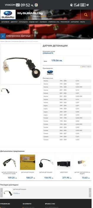 Продавам датчик детонация за Субару Форестър 2003г.