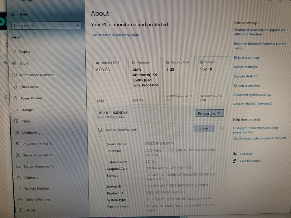 Pc AMD Athlon X4 860k, 8gb DDR3 2133Mhz,Nvidia  GeForce GTX 1650 4gb
