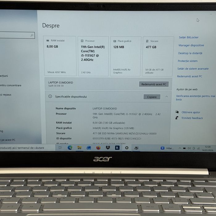 Acer Swift 3 SF314-59 Intel Core i5-1135G7 - SSD 512GB/8gb RAM-Ca NOU!