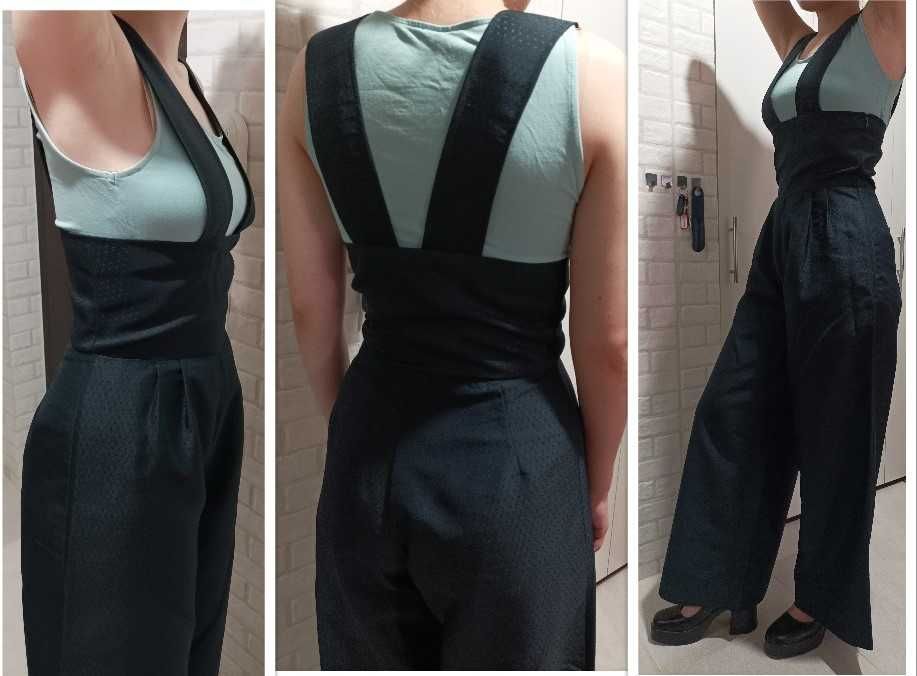 Pantaloni negri largi cu talie înaltă și bretele, măr.M (38-40)