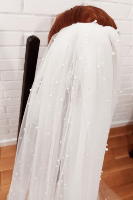 Voal cu perle ivory din tulle de mătase