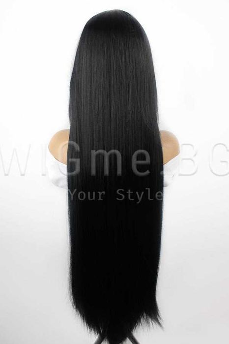 Екстра дълга права черна перука с бретон Ирен - 101 см.