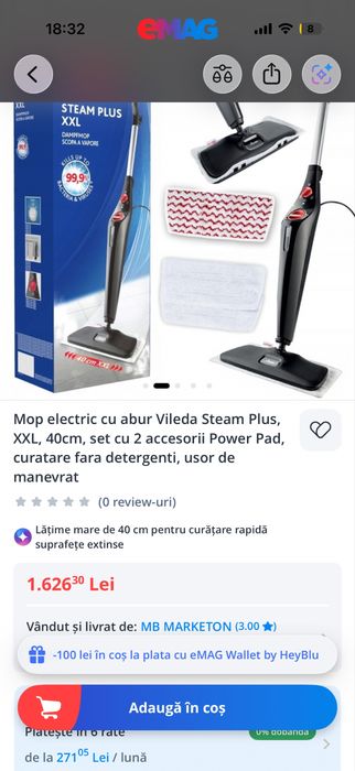 Mop cu aburi Vileda Steam Plus XXL cu power pad si doua lavete, rezervor 0,4l