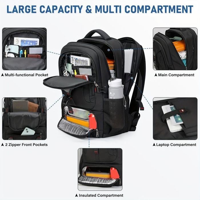 Rucsac laptop 17.3” 50L: mare, compartiment mâncare, travel & business
