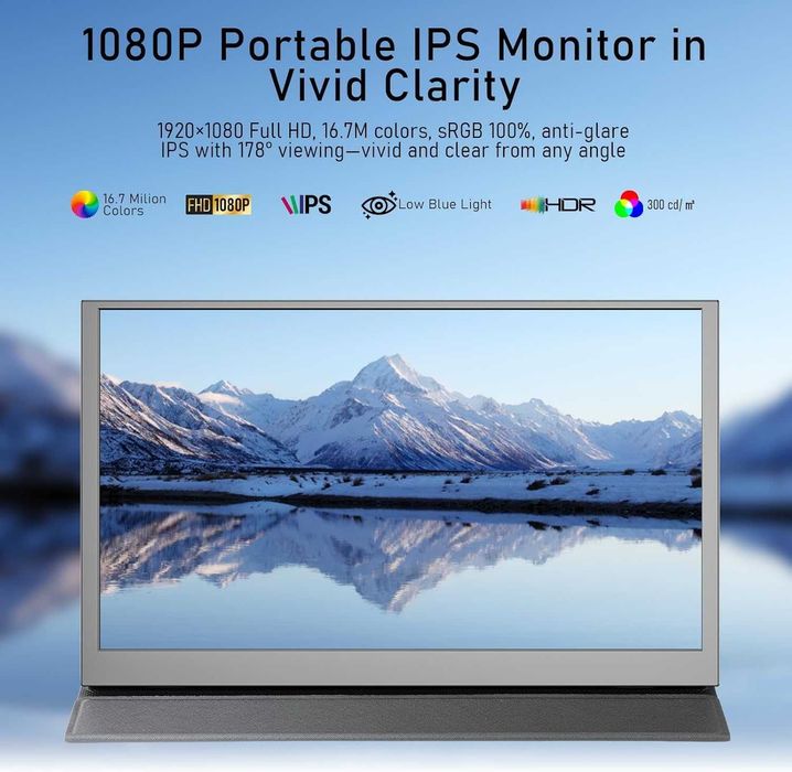 Monitor portabil de 15,6 inch, FHD IPS (1920 x 1080p), antireflex, USB-C și Mini HDMI, cu difuzor integrat și husă de protecție cu suport