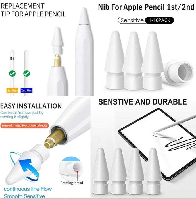 Писци за Apple Pencil 1/2 Клин Връхчета за Подмяна на Износени Главички Резервни Накрайници Apple Pencil 1-во поколение и Apple Pencil 2-ро поколение