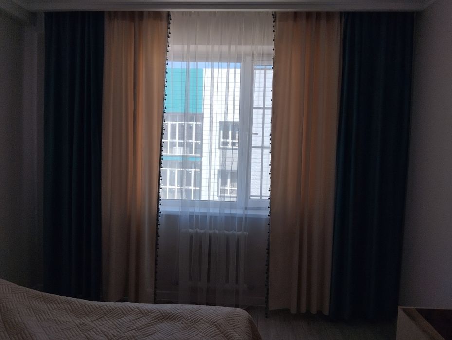 Шторы с тюлем синий, беж