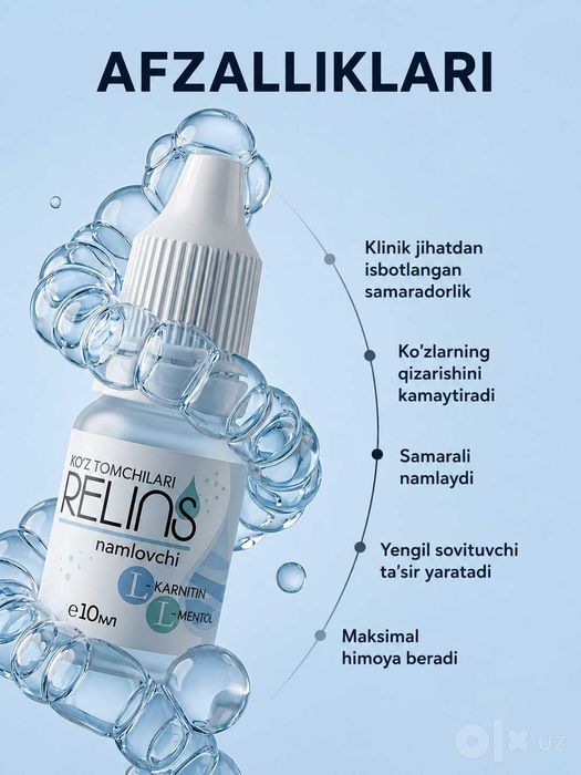 RELINS L-karnitin va L-mentolli namlantiruvchi ko‘z tomchilari, 10 ml.