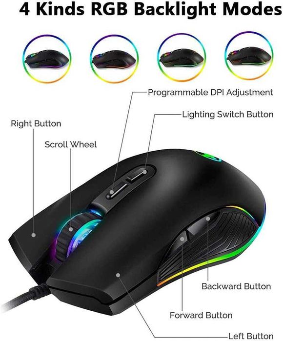 Ергономична RGB мишка за игри, Кабелна мишка IULONEE тип C,