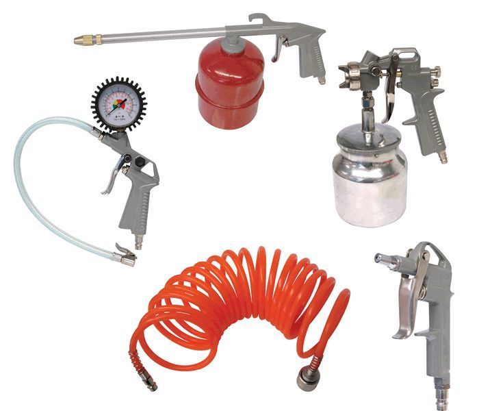 Kit compresor aer Carpoint 5 piese : Furtun presiune 4m si pistol umflat, lichid, vopsitorie si suflat aer