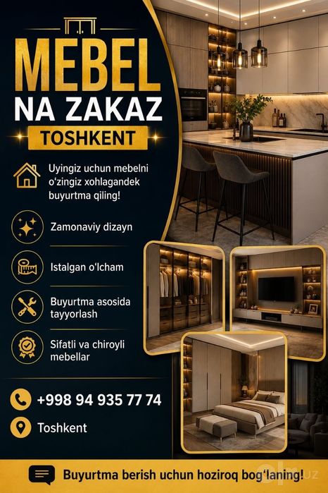 Mebel na zakaz 
MebeUyingiz uchun mebelni o‘zingiz xoh