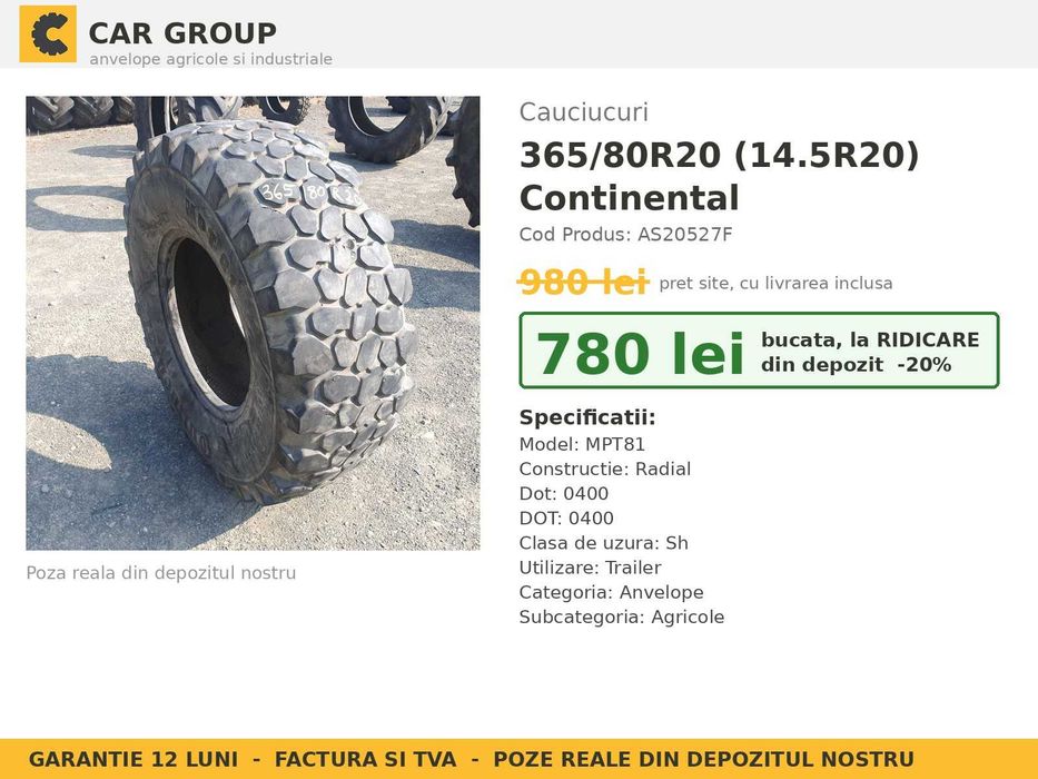 Anvelope Cauciucuri 365/80R20 365 80 R20 3658020 365 80R20 14.5R20 Continental Tractor Utilaje Agricole Radial SH Second Hand GARANTIE Garantie 1 An