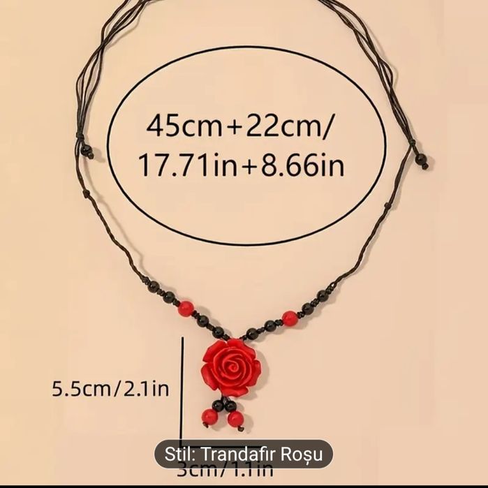 Set de colier și brățară din rășină vintage cu trandafiri roșii