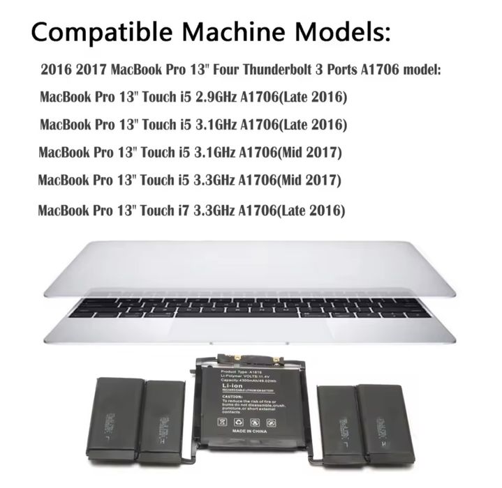 Macbook Pro touchbar A1706 Battery, 2016-2017 Nou Sigilat