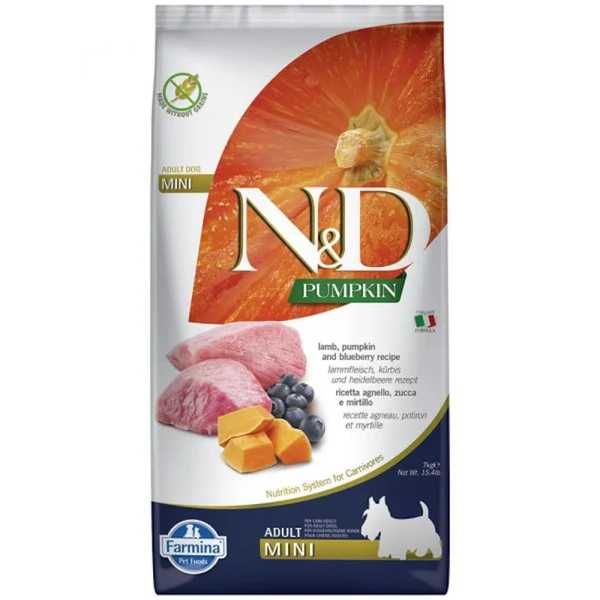 N&D Pumpkin Lamb & Blueberry Grain Free Mini Adult храна за кучета от дребни породи с Агнешко, Тиква и Боровинки 7кг