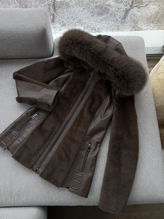 Естествена кожа алкантара с естествен косъм лисица кафяво яке палто