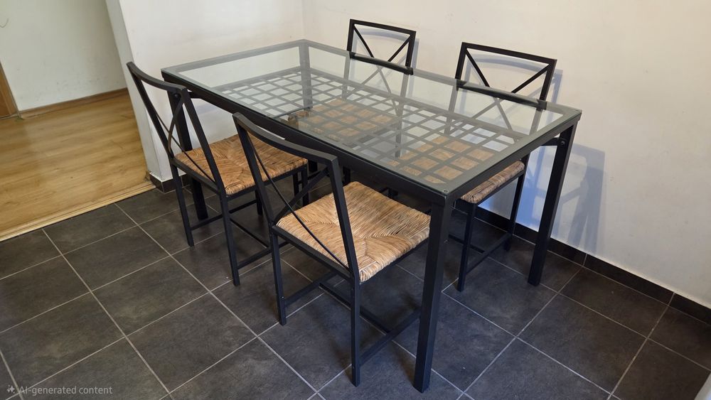 Masa + scaune. Sticla, metal,  impletitura fibre naturale