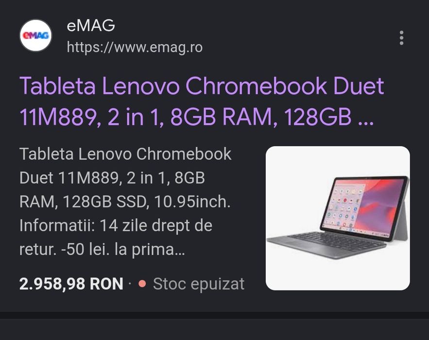 Tableta Lenovo Chromebook Duet 11M889, 2 in 1, 8GB RAM, 128GB SSD, NOU