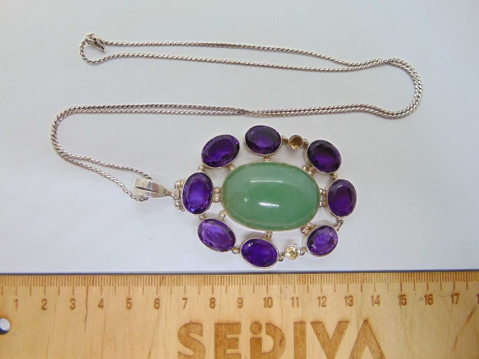 Lant si pandantiv mare din argint cu jad, ametist si citrin