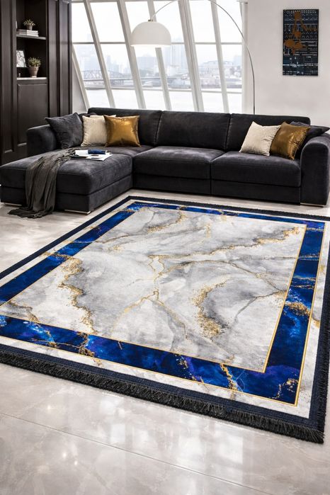 Covor Modern Premium din IRAN – Design Marmură / Albastru Regal