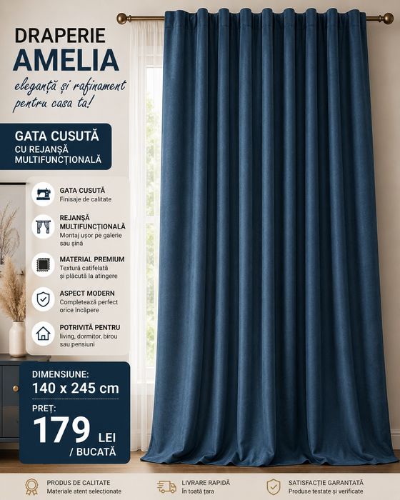 Draperii nou diverse dimensiuni si culori , gata cusute  cu rejeansa multifunctionale preturi incepand de la  169 lei