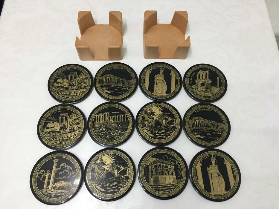 Set suport pahare ceramica pictata Grecia+protectie plastic pe verso.