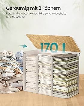 Кош за пране 170L, бамбук, сгъваем с капак и чанта за пране SONGMICS