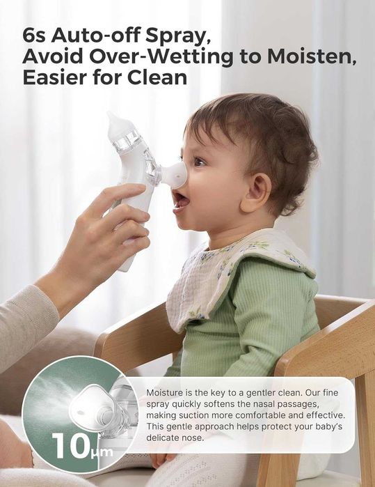 Momcozy BreezyClear™ 2-в-1 електрически назален аспиратор за бебета със спрей, 65kPa засмукване