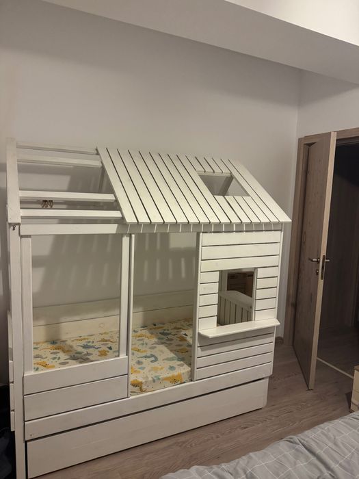 Pat Căsuță Copii Lemn Masiv, Alb, cu Spațiu de Joacă și Depozitare