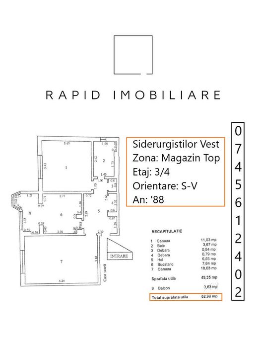 2 Camere | Etaj 3 | Magazin TOP | Sid-Vest | 53 mp | An '88 | Mob+Ut