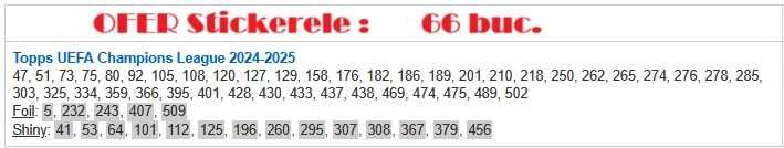 Set stickere Topps Uefa Champions League 2024/25 (66 buc)