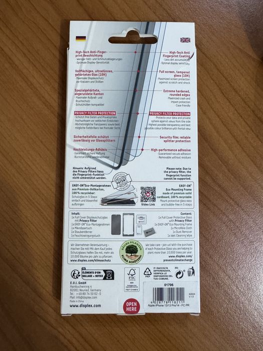 Стъклен протектор за iPhone 13, 13 Pro, 14 Displex Privacy Нов