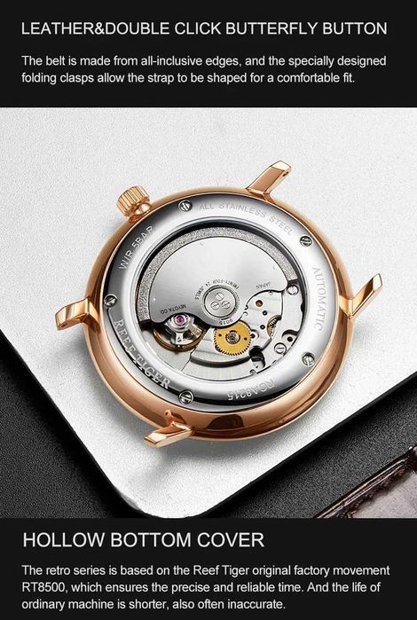 Reef Tiger Automatic Dress Watch Ultrathin Mechanical Convex Lens 42mm
