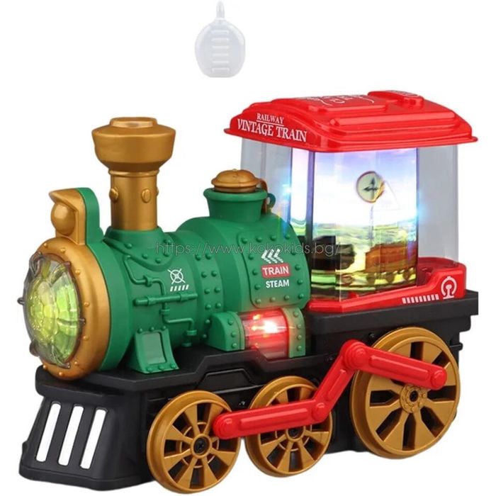 Музикален локомотив с пушек, светлини и въртящи се картинки, влакче