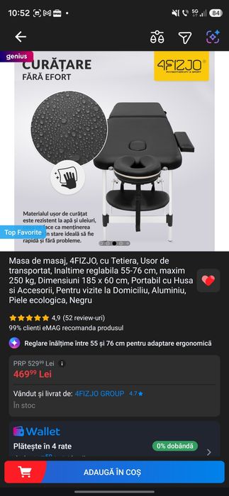 Masa de masaj si reabilitare 4FIZJO aluminiu 60 cm - negru