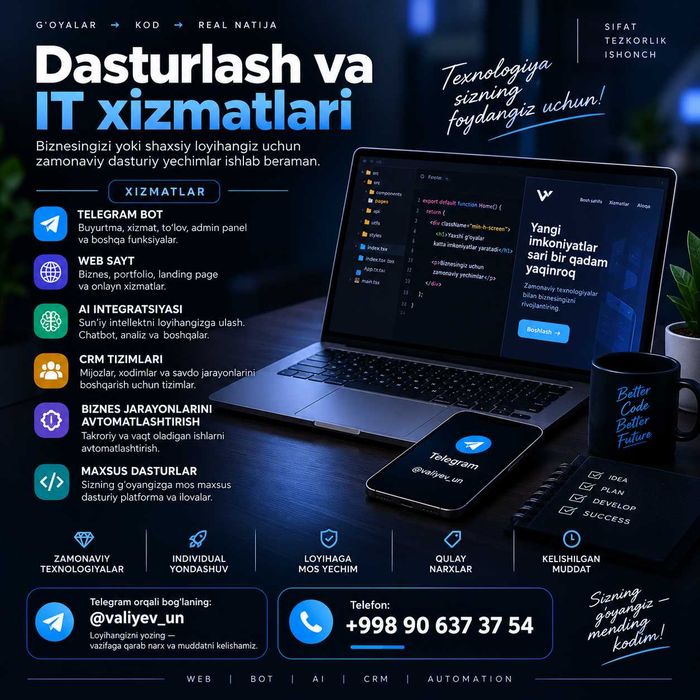 Telegram Bot, Web Sayt va AI Dasturlash Xizmatlari
