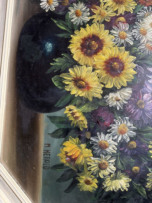 Tablou,pictura in ulei pe lemn ,vaza cu flori de camp ,semnat.