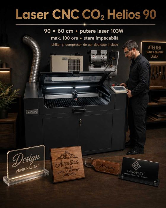 Productie publicitara - Laser profesional CO2 Helios 90 cu posibilitate RATE lunare - 103W, masă 600×900 mm, chiller + compresor, perfect funcțional