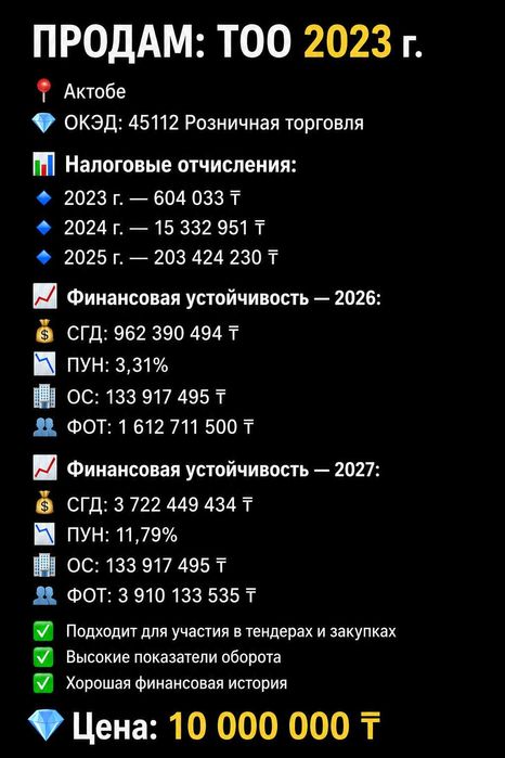 Продажа ТОО с финансовой устойчивостью