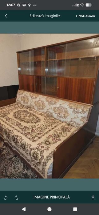 Pat extensibil /Recamieră/canapea, lemn, cu biblioteca si depozitare.