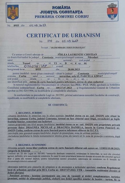 Proprietar loturi intravilan Corbu,Constanța,vedere la mare si in rate