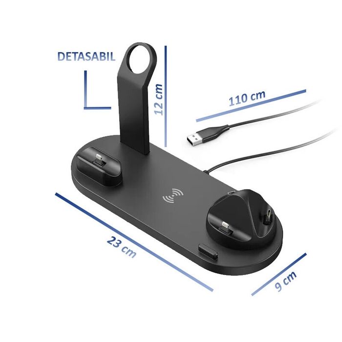 Statie de incărcare wireless 4 în 1, negru, 15 W, pentru telefon, ceas inteligent și căști.